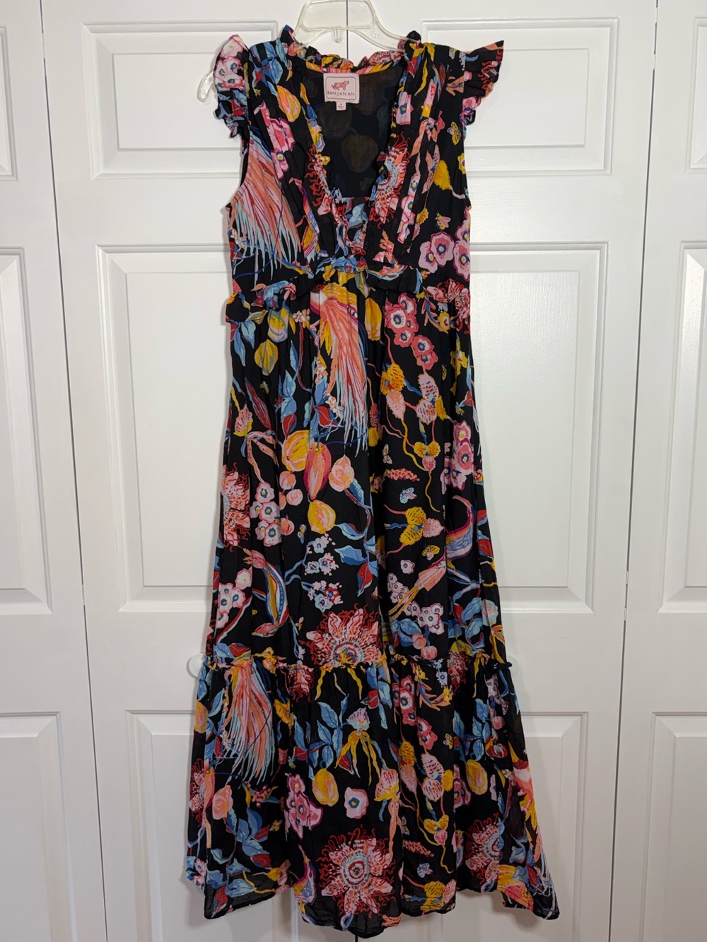 Banjanan Black Floral Tiered Ruffle Maxi Dress, Size M